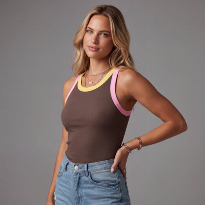 Built-in Bra Ribbed Round Neck Tank Top